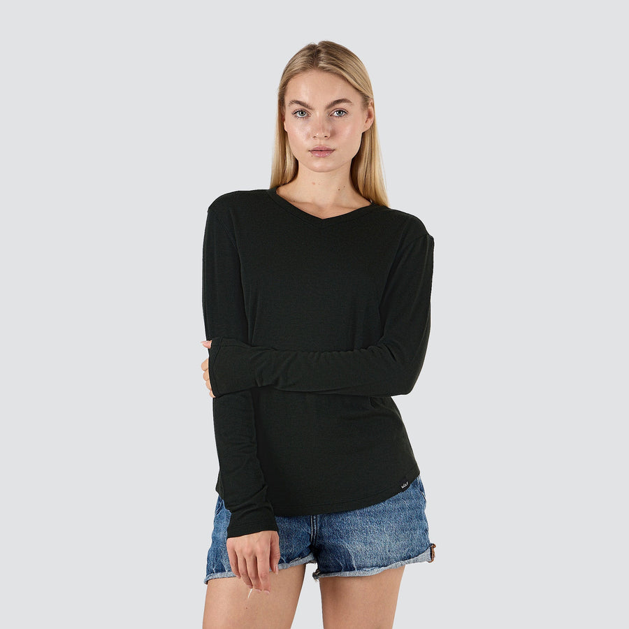 Women's ultralight merino wool long sleeve shirt in Dusk, front view