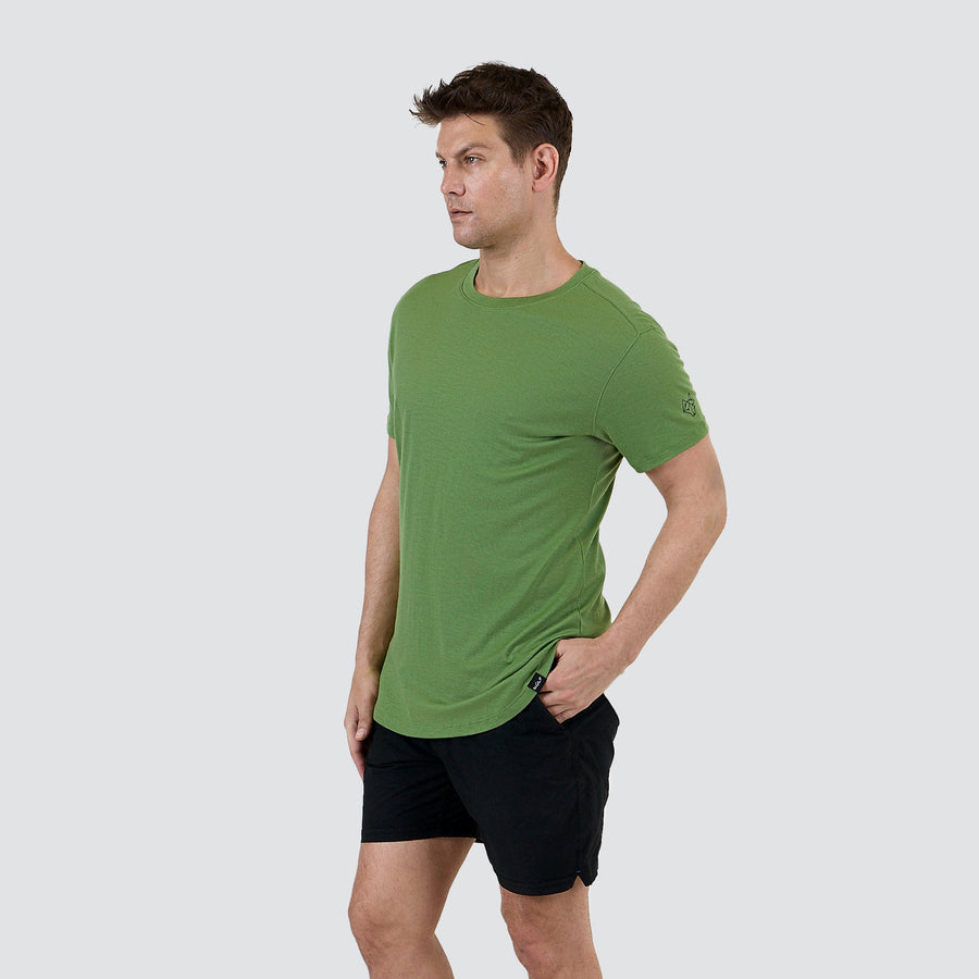 Men's ultralight merino wool T-shirt in Forrest Moss, three-quarter front view