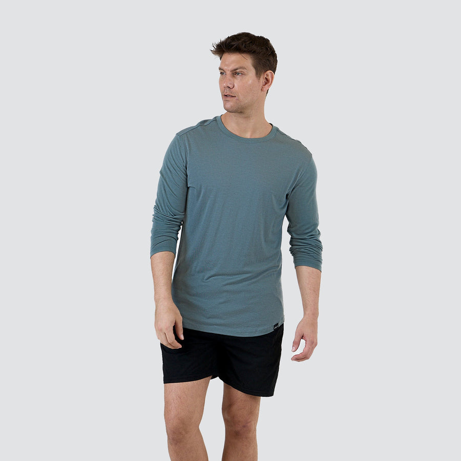 Men's ultralight merino wool long sleeve shirt in Sea Mist, front view