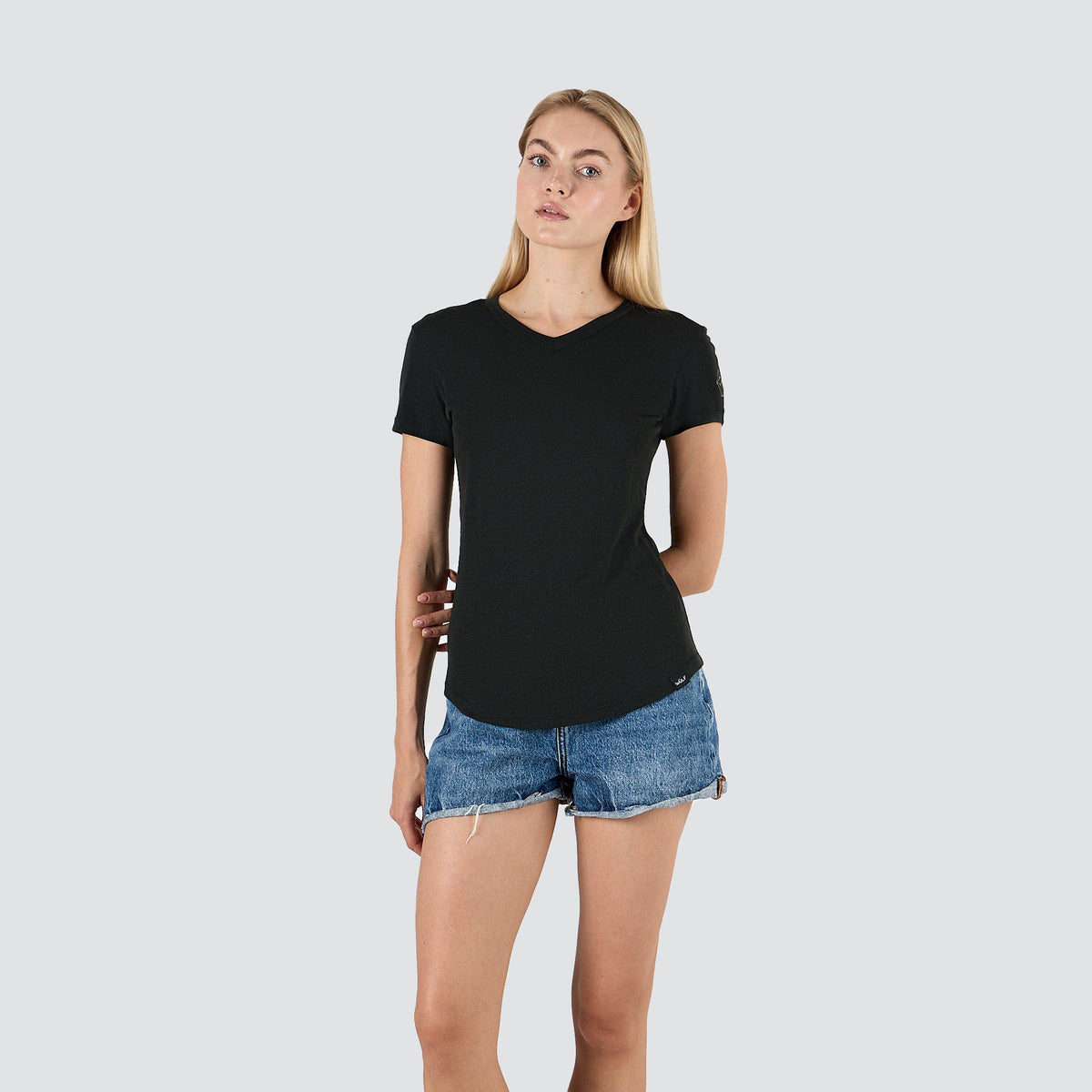 Women's ultralight merino wool T-shirt in Dusk, front view, V-neck