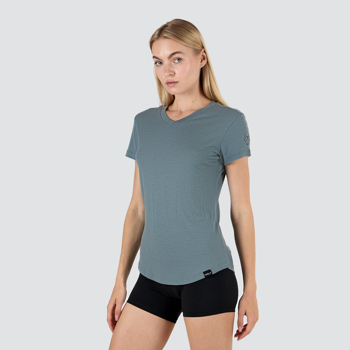 Women's ultralight merino wool T-shirt in Sea Mist, front view, V-neck