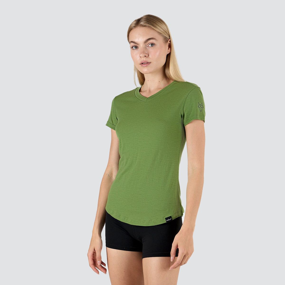 Women's ultralight merino wool T-shirt in Forrest Moss, front view, V-neck