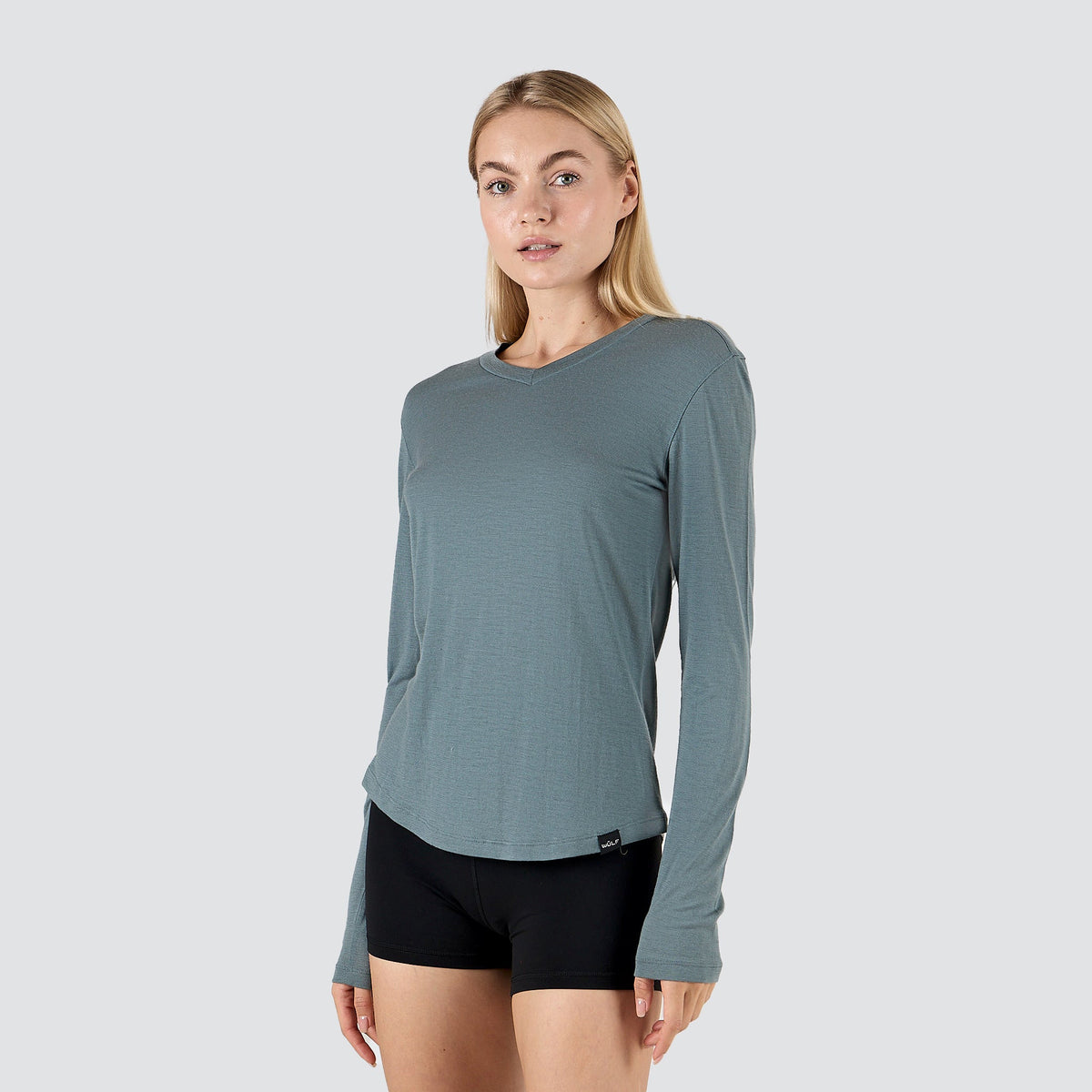Women's ultralight merino wool long sleeve shirt in Sea Mist, front view