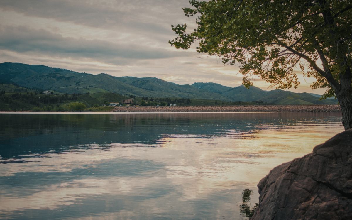 Calm evening on Horsetooth Reservoir, with the foothills beyond, west of Fort Collins, Colorado